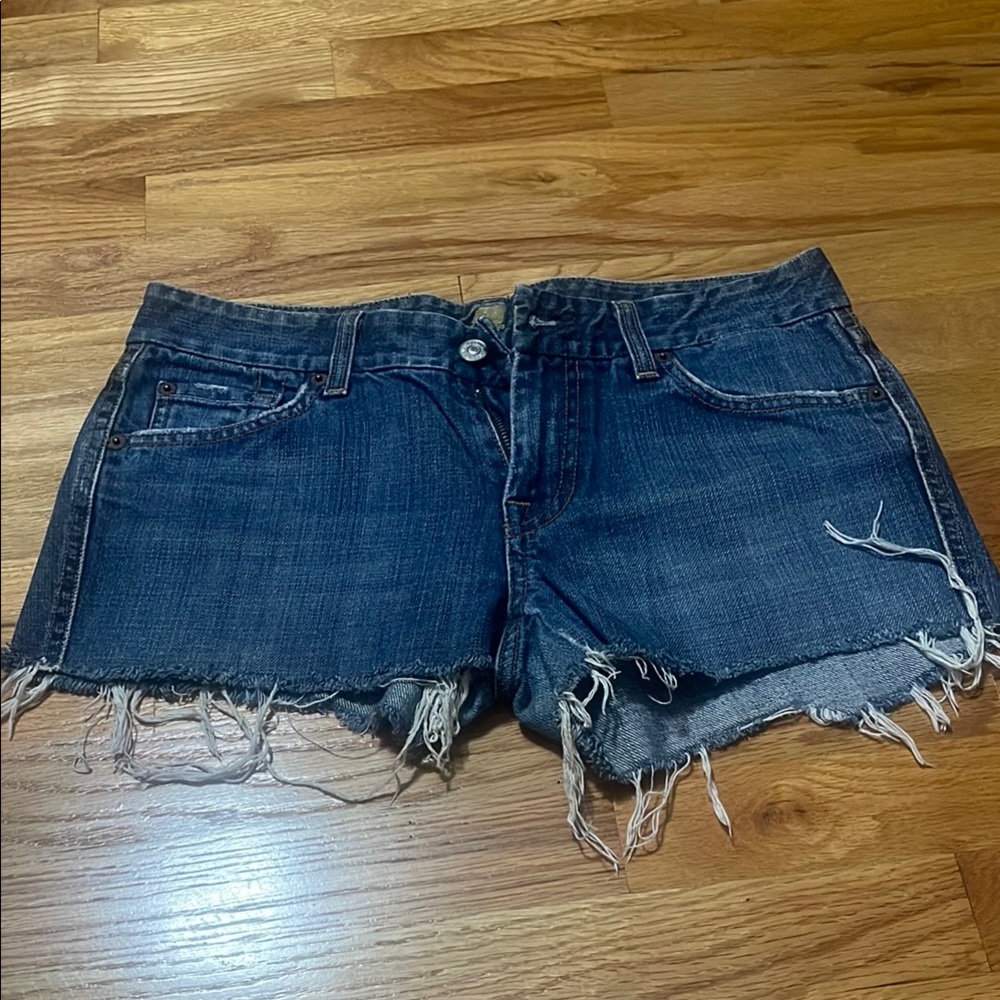 7 For All Mankind Blue Jean Shorts Distressed Frayed Hem